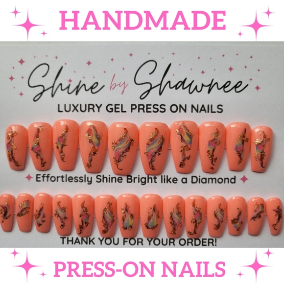 Handmade Luxury Press-On Nails | Sturdy & Reusable | PEACH MOTHER PEARL - Picture 1 of 7